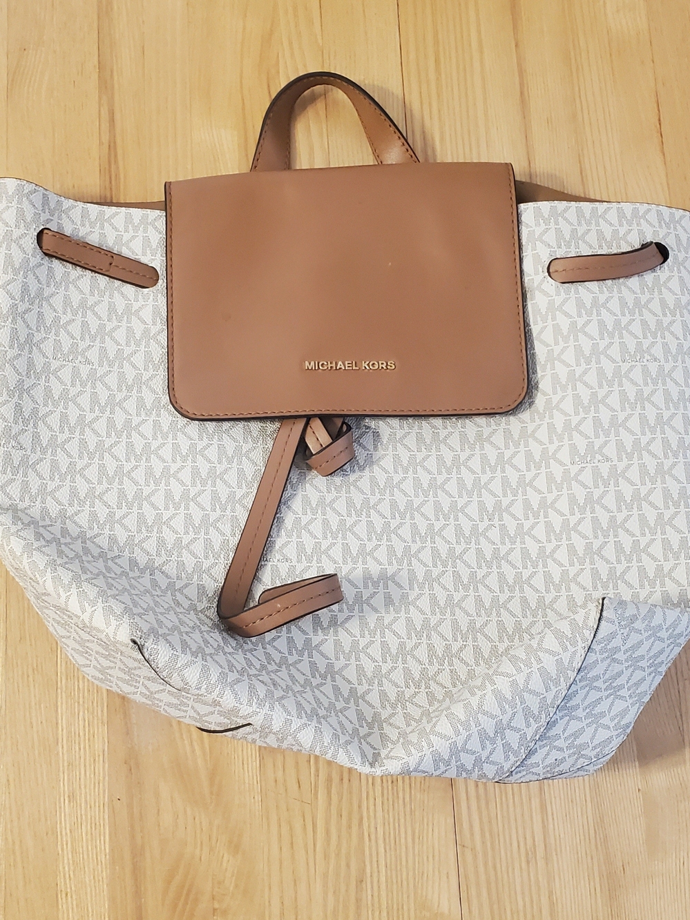Michael Kors Tan and Light Gray Signature Tote with Leather Flap